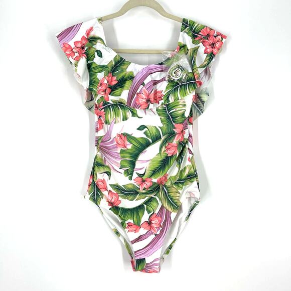 Kona Sol Other - NWT Kona Sol One Piece Floral Swimsuit Size Medium 8/10 Off Shoulder Flounce